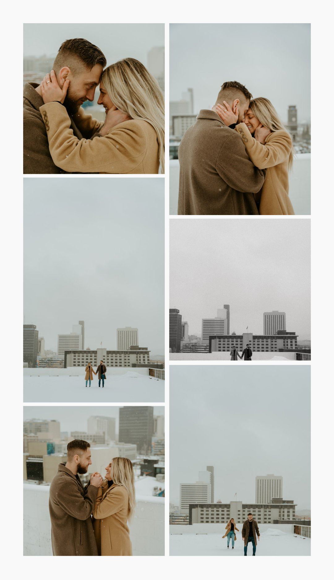 a collage of images from a winter couples session in downtown reno