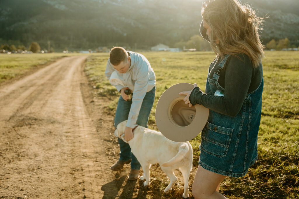 Reno wedding photographer captures man petting dog during engagement photos