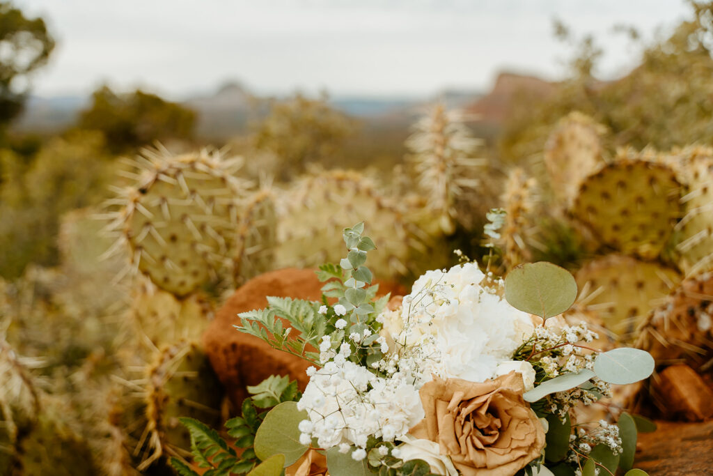 Reno Wedding Photographer captures wedding flowers in front of cactus