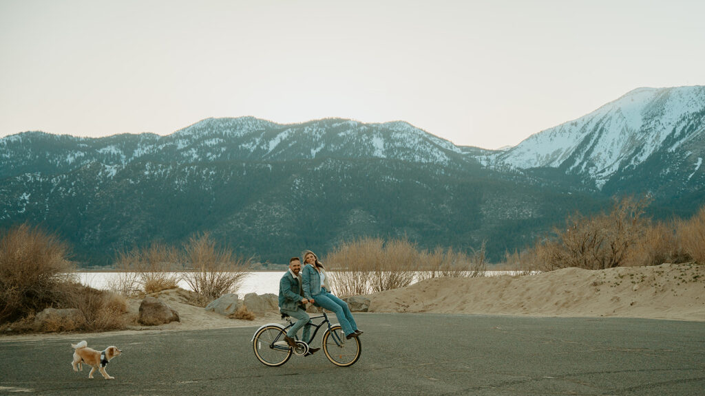 Reno Wedding Photographer captures newly engaged couples riding bike during engagement photos